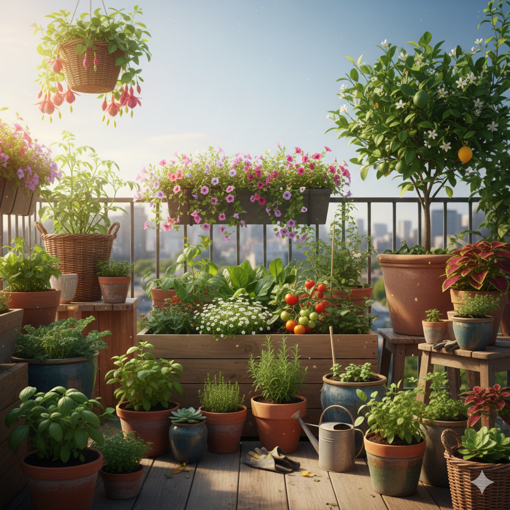 Urban balcony garden with herbs, houseplants, and container vegetables in sunlight
