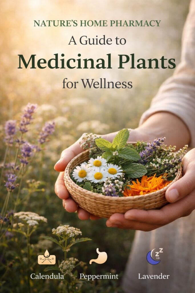 hands holding basket of medicinal plants at home with chamomile mint and calendula