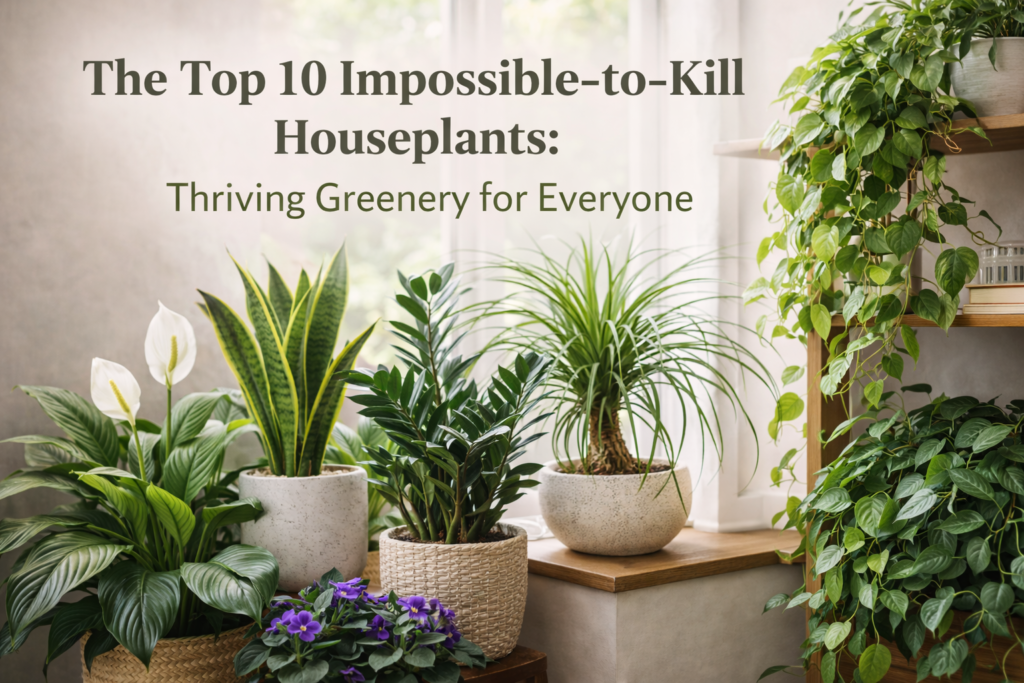 Top 10 impossible-to-kill houseplants including snake plant, peace lily, ZZ plant, spider plant and pothos in a bright indoor setting