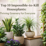Top 10 impossible-to-kill houseplants including snake plant, peace lily, ZZ plant, spider plant and pothos in a bright indoor setting